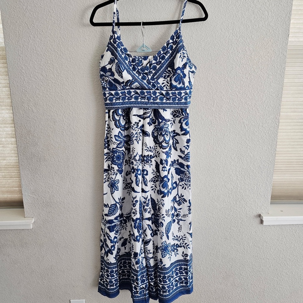 NWT | Shein Vcay Blue White Floral Print Bralette Top Wide Leg Pants 2 Pc Set L